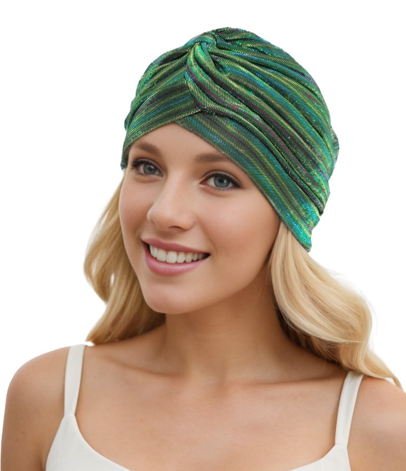 Fashion 21] Women's Pleated Glittered Turban Hat Head Wear (Green Multi) - Image 2